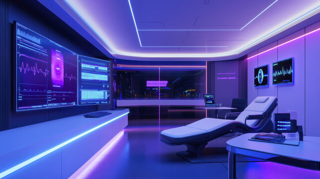 Futuristic healthcare environment featuring advanced technology, AI integration, and sleek design. room is illuminated with