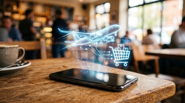 Digital Smartphone Shopping Experience with Plane Travel Hologram Icon