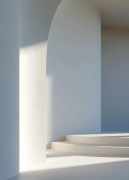 Empty room with white walls and floor. the room has a modern and minimalist design, with a curved archway on the left side and a set of stairs on the right side.