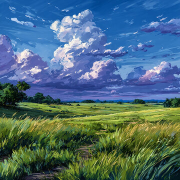 Green grassy rolling meadow landscape with dramatic stormy clouds filling a deep blue sky