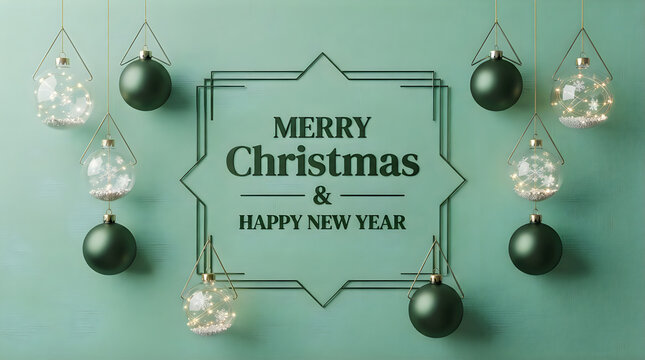 Merry christmas and happy new year greeting card with black ornaments on a green background