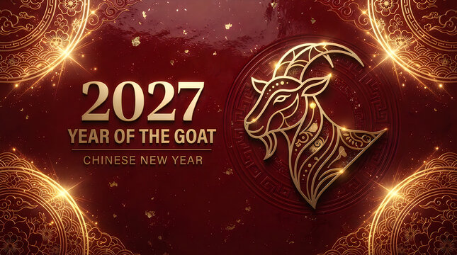 2027 chinese new year greeting card with gold goat illustration on a luxury dark red background