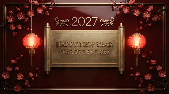 Chinese new year 2027 greeting card with golden tiger scroll and red lanterns