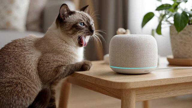Curious Siamese Cat Interacting with Smart Speaker on Wooden Table in Modern Living Room
