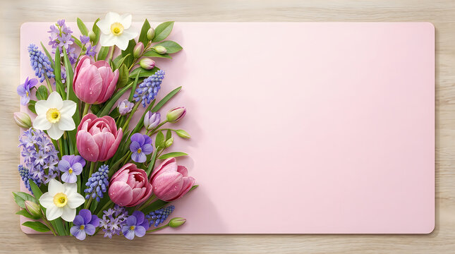 Beautiful spring flower bouquet with tulips and daffodils on a light greeting card background