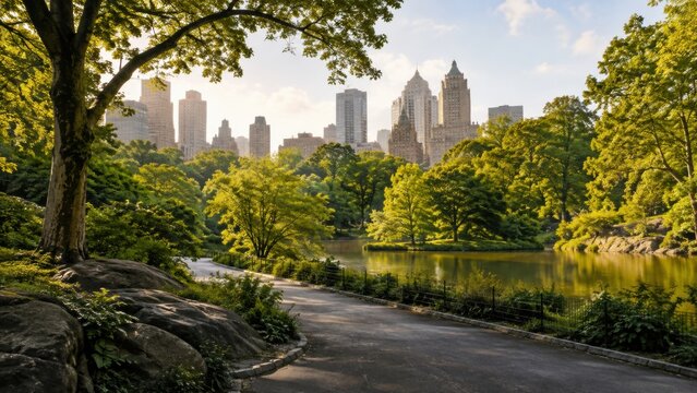 A winding park path leads past a serene lake framed by lush trees and a distant urban skyline.