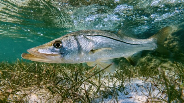 Snook in shallow water near mangrove shoreline with sunlit water