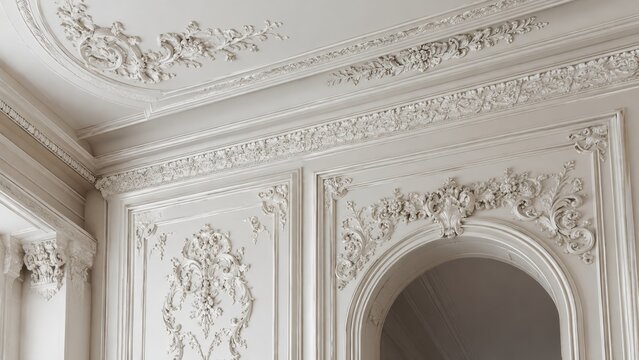 Classic molding on a white wall in a luxurious interior featuring detailed classical architecture.