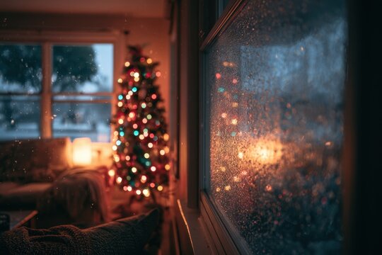 Soft bokeh scene of a Christmas tree glow reflected in glass, cozy holiday interior