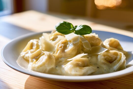 Soft-Focus Photo of Rich Alfredo Sauce Coating Tender Tortellini, Rustic Kitchen Mood