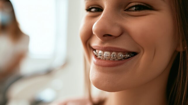 Sonrisa con brackets durante tratamiento de ortodoncia en entorno cl&Atilde;&shy;nico