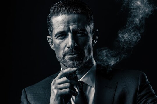 Sophisticated businessman vibe: waist-up portrait of a man in suit smoking a cigar