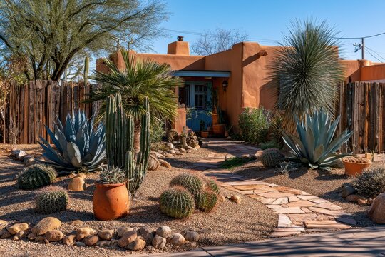 Southwestern Front Yard Landscape: Drought-Tolerant Plants, Gravel, and Terracotta Pots