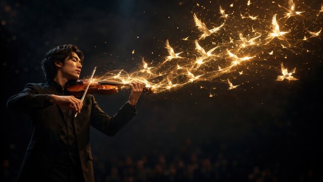 A young man playing violin with magical golden birds emerging from the instrument creating wonderful music.