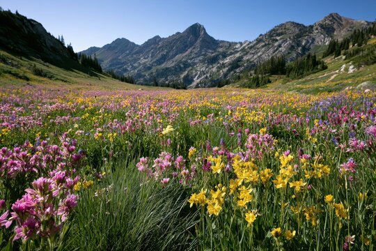 Spring wildflowers blanket an alpine meadow in Utah's Albion Basin with dramatic mountain scenery