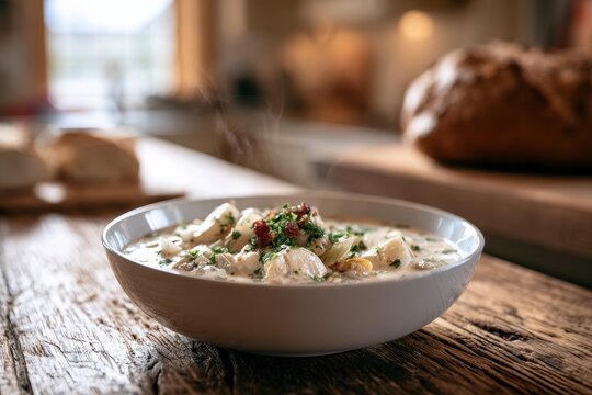 Steaming Bowl of Homemade Clam Chowder Ready for a Family Lunch