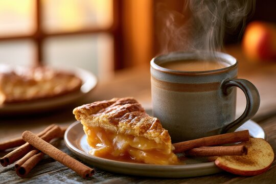 Steaming caramel apple cider served with an apple pie slice and cinnamon sticks on a warm wooden table