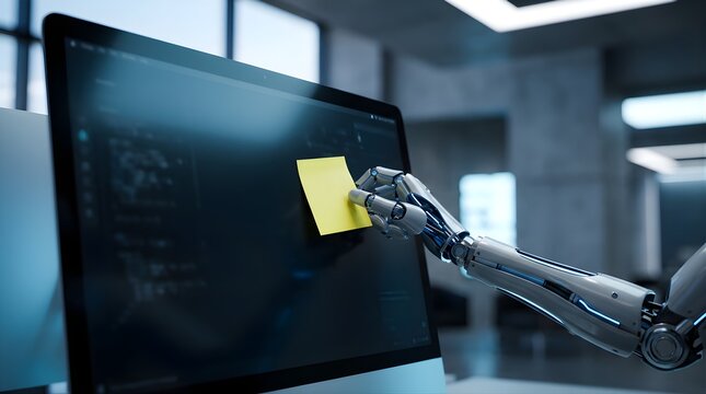 Robotic hand placing yellow sticky note on computer screen in office
