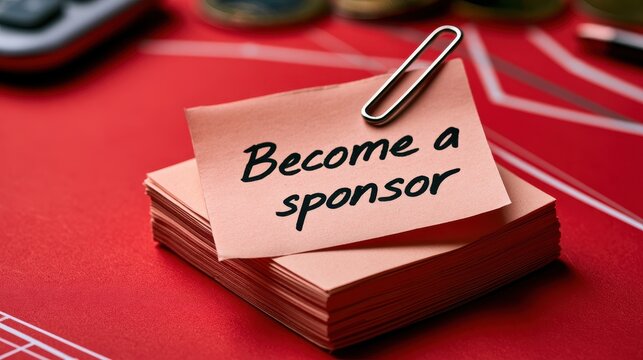 Sticky notes on a bold red background featuring the message Become a sponsor for a finance concept