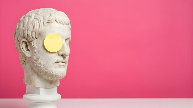 Roman sculpture head with a yellow sticky note over eye on pink background
