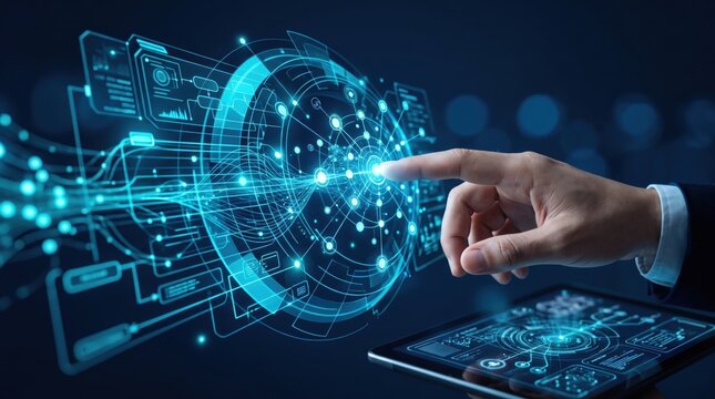 Futuristic holographic interface with glowing blue network nodes, hand touching virtual screen above tablet, advanced cyber security, artificial intelligence data visualization
