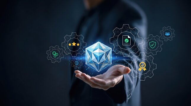 Hand holding glowing Ethereum crystal cube surrounded by gears, blockchain technology, cryptocurrency trading, smart contracts, decentralized finance, security badge, rating stars