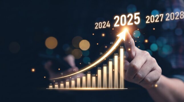 Futuristic financial bar chart showing exponential growth trend towards year 2025, business success and profit increase concept