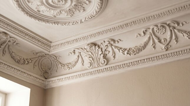 Close up of ornate plaster molding and ceiling architectural details in a classic interior room.