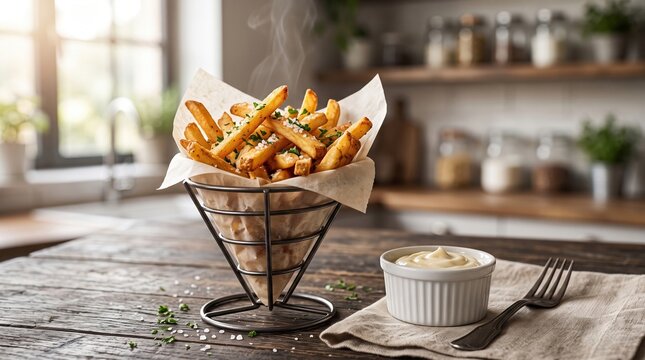 French fries in a metal basket next to a white bowl of sauce on a wooden table.
