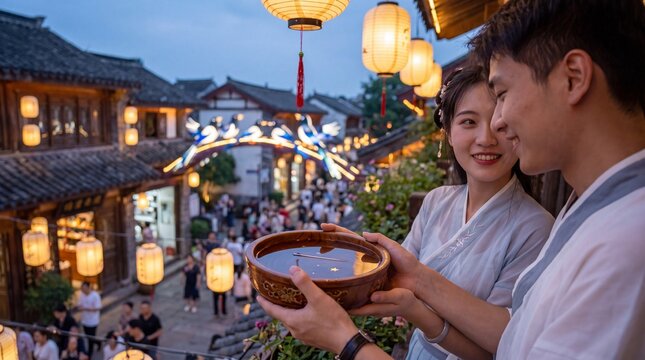 Young chinese couple holding glowing lanterns and a wooden bowl on a traditional street during the evening Qixi Festival.