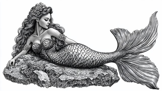 Elegant mermaid resting on a rock