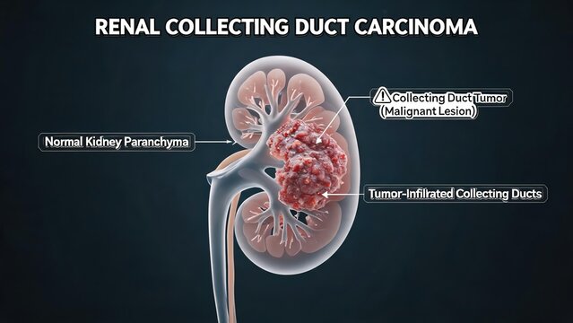 Renal collecting duct carcinoma 3D medical diagram, semi-transparent human kidney model with labeled malignant collecting duct lesion, tumor-infiltrated renal ducts marked with warning icon, dark chal