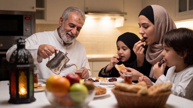A happy family with a grandfather mother and children enjoying tea and dates together.