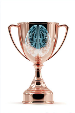 A rose gold cybernetic trophy cup with blue neon lines for intelligence concept