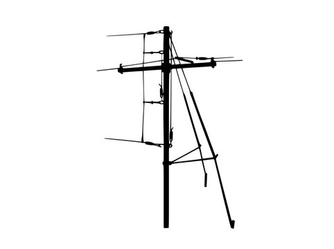 Utility Pole Silhouette with Wires Isolated on White Background