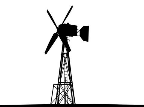Vintage Wind Turbine Silhouette Isolated on White Background
