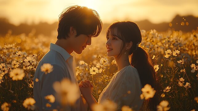 Loving couple in a cosmos flower field at sunset