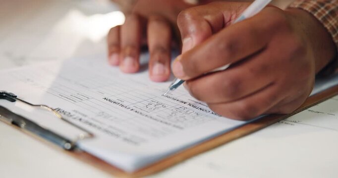 Person, hands or writing with form in office for application, feedback survey or business evaluation. Closeup, employee or taking notes with results for checklist, quality assurance or outcome