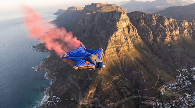 A wingsuit skydiver flying over coastal mountains and ocean trailing thick pink smoke.