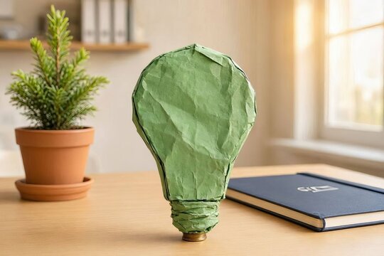 Environmentally friendly with crumpled green paper light bulbs
