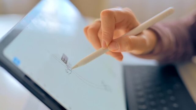 Creative professional using digital stylus pen on tablet to edit vector architectural sketches.
