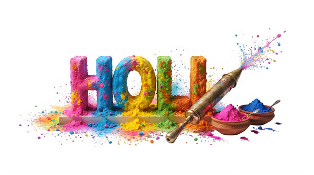 Colorful holi festival text design with traditional wooden water gun and vibrant powder bowls