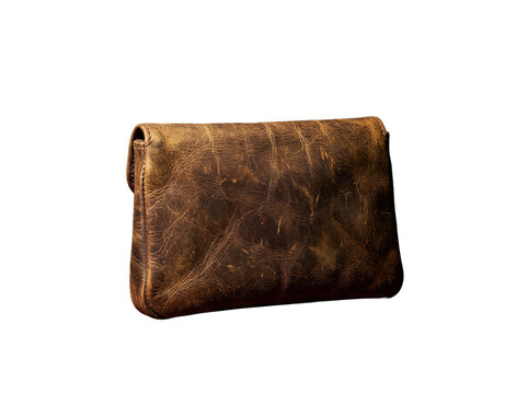 Rustic Brown Distressed Leather Clutch Bag Isolated on White-(Tas Dompet Kulit Cokelat Rustic dengan Tekstur Usang di Latar Putih)