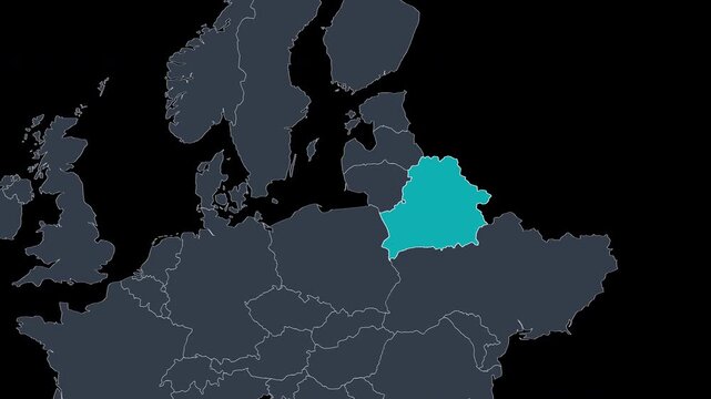 Belarus Highlighted on Europe Map Zoom Country Focus, Alpha Channel 4K