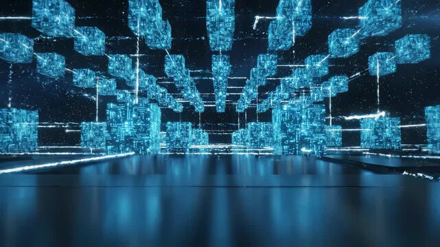 Futuristic Digital City Corridor with Glowing Blue Cubes and Data Streams in Cyber Space