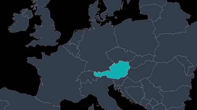 Austria Highlighted on Europe Map Zoom Country Focus, Alpha Channel 4K
