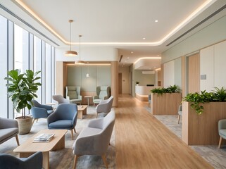 Fototapeta premium Luxury medical waiting room with light wood paneling and blue chairs.