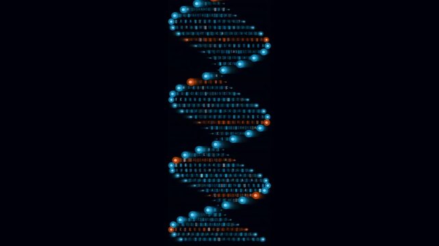 Abstract digital DNA double helix genetic code structure animation on dark background