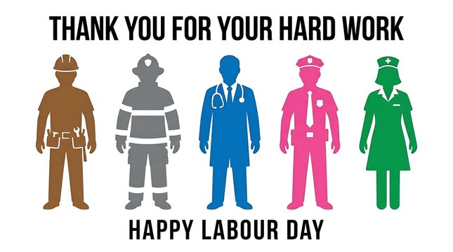 A colorful graphic illustration celebrating labour day featuring silhouettes of various essential workers including a construction worker firefighter police officer doctor and a nurse