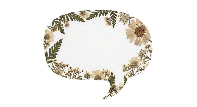 Vintage floral botanical design in a speech bubble outline with preserved pressed flowers and leaves creating an elegant natural pattern on white background PNG